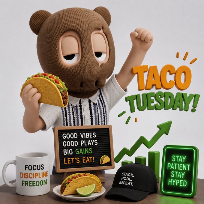The image features a cartoon bear wearing a hat holding up two tacos, one of which has a green stem. The bear also holds a sign that says "Good vibes Good plays Big gains Big eats!". There are other objects in the scene such as a cup and a book, but they do not seem to be directly related to the post or the cartoon bear's actions.