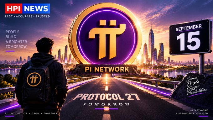 A promotional graphic from HPI NEWS for Pi Network featuring a man looking toward a city skyline with a large Pi coin, advertising "PROTOCOL 21 TOMORROW" on September 15 with the slogan "Same People Bigger Possibilities."