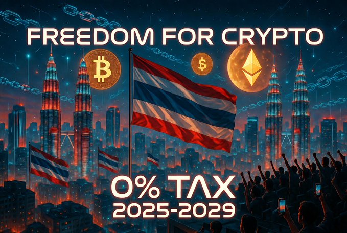 A digital graphic with a futuristic cityscape, Thai flags, Bitcoin/ETH logos, and the text 'FREEDOM FOR CRYPTO' and '0% TAX 2025-2029'.