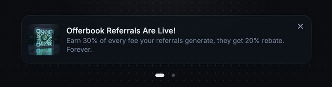 A promotional banner reads "Offerbook Referrals Are Live!" and "Earn 30% of every fee your referrals generate, they get 20% rebate. Forever," alongside a QR code, matching the post's announcement about the new referral program being featured on the site banner.
