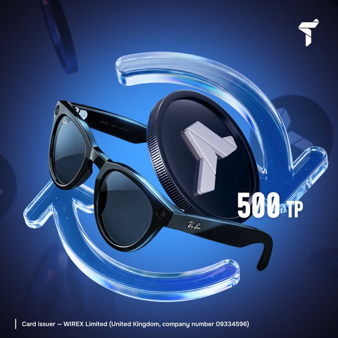 A promotional image featuring black Ray-Ban Meta smart glasses alongside a coin displaying the Tap TP logo, advertising '500 Tap TP' with the card issuer listed as WIREX Limited (United Kingdom, company number 09334596).