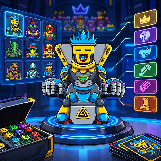 Colorful cartoon-style digital illustration featuring a crowned robot character surrounded by character selection grids, equipment icons, and a briefcase filled with colorful robot figures.