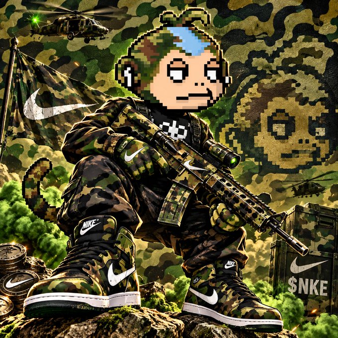 Digital artwork of a pixel-art monkey character in Nike camouflage military gear holding a sniper rifle, with Nike branding and '$NKE' ticker text.