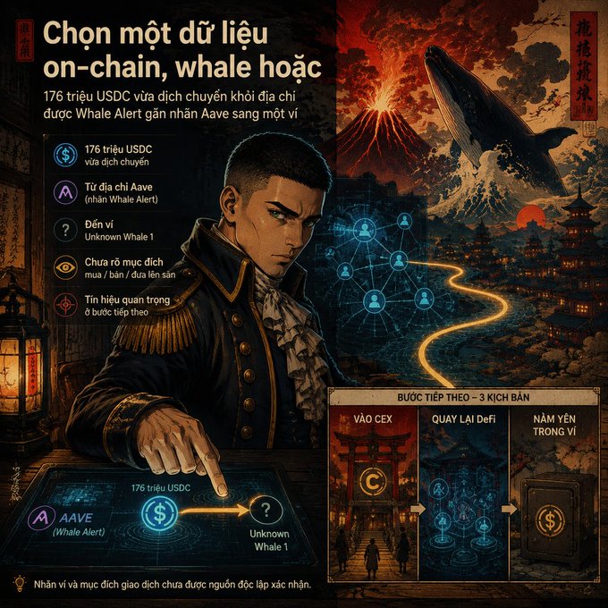 A Vietnamese infographic analyzing a whale alert showing 176 million USDC transferred from Aave to an unknown whale address, with a man in period attire at a control panel and three possible scenarios: entering a CEX, returning to DeFi, or holding in a vault.