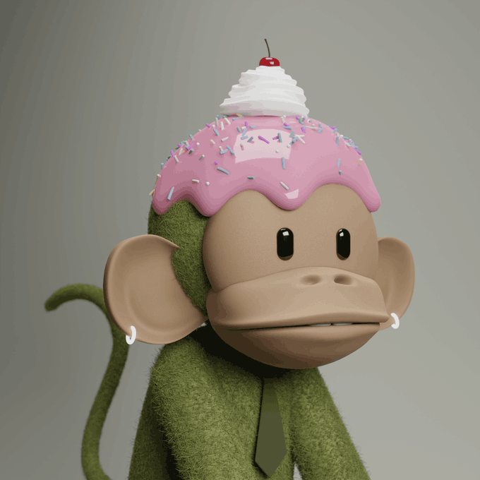 A 3D-rendered green monkey character with a pink frosted donut topped with whipped cream and a cherry on its head stands against a gray background.