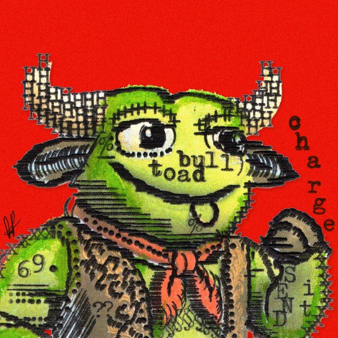 Distorted, stylized digital artwork of a green, toad-like creature with horns, set against a solid red background, covered in various scribbled text fragments including 'bull,' 'toad,' 'Onar,' 'site,' and '69'.