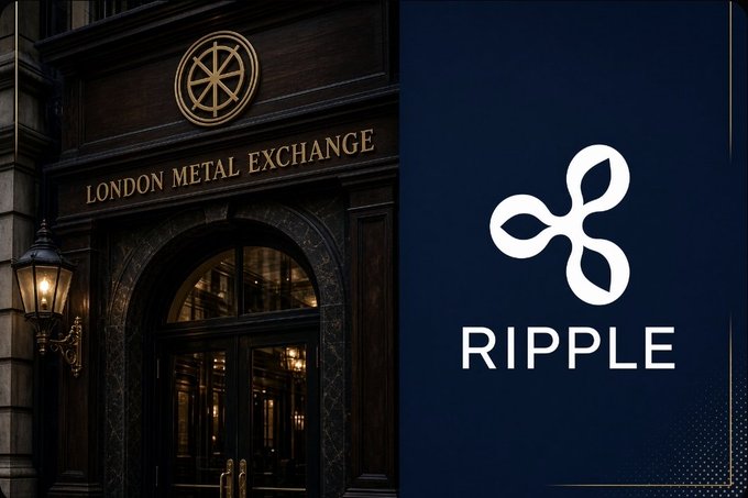 A split image showing the entrance to the 'London Metal Exchange' on the left and the Ripple cryptocurrency logo on the right.