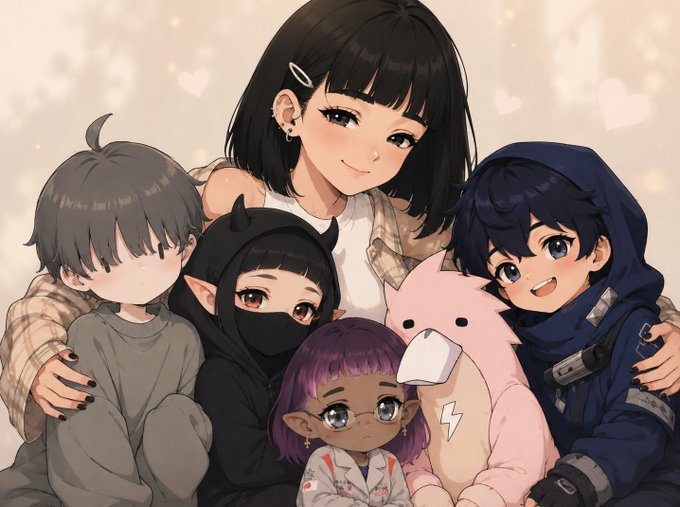 An anime-style illustration of five characters posing together, including a girl with short black hair, a child in a demon mask, a small purple-haired elf-like figure, a person in a dark hoodie, and another child holding a pink plush.