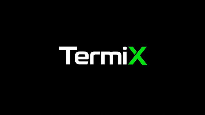 Simple black background displaying the Termix logo in white text with a green 'X' on a dark screen.