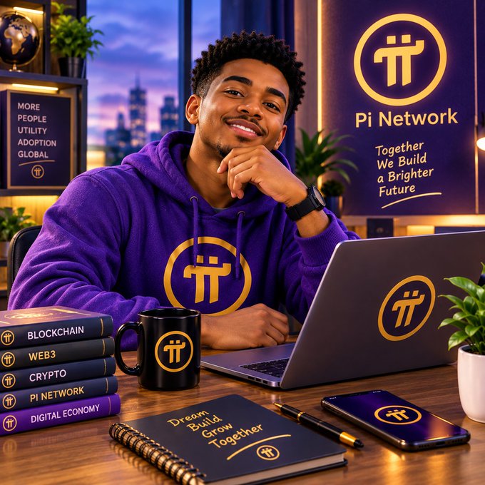 A young man wearing a purple Pi Network branded hoodie smiles confidently at his laptop, surrounded by Pi-themed merchandise including a notebook reading "Dream Build Grow Together," a coffee mug, and books labeled "BLOCKCHAIN," "WEB3," "CRYPTO," "PI NETWORK," and "DIGITAL ECONOMY," with a backdrop displaying the Pi Network logo and slogans "MORE PEOPLE UTILITY ADOPTION GLOBAL" and "Together We Build a Brighter Future."

The image visually reinforces the post's message by depicting an engaged Pi Network community member actively working at his desk surrounded by educational resources and branded items, embodying the "greatness being built" through real dedication to blockchain, Web3, and the digital economy rather than mere talk.