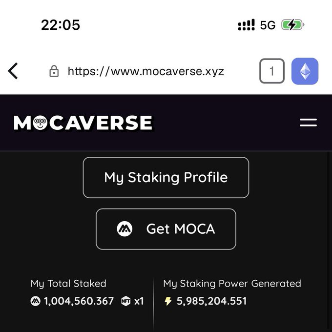 A screenshot of the Mocaverse staking dashboard showing 1,004,560.367 MOCA tokens staked with a staking power of 5,985,204.551, illustrating the user's milestone of exceeding 1 million MOCA tokens staked on the official website.