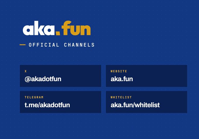 The image displays aka.fun's official channels, listing their X handle (@akadotfun), website (aka.fun), Telegram (t.me/akadotfun), and whitelist link (aka.fun/whitelist) against a blue background. This promotional graphic supports the post's enthusiasm about aka.fun as a standout memecoin launchpad on Arc, providing viewers with direct links to join the project's growing community.