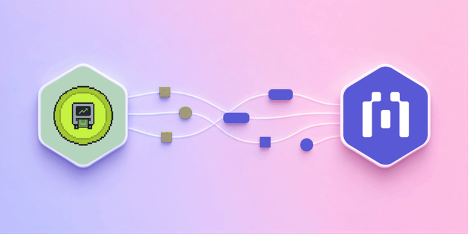 A pastel illustration shows connected data nodes flowing from a green analytics-style icon to a blue analytics icon.
