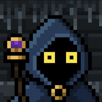 A pixel art character with a dark blue hooded cloak, glowing yellow eyes, and holding a staff topped with a purple and gold orb in a dungeon-like setting.