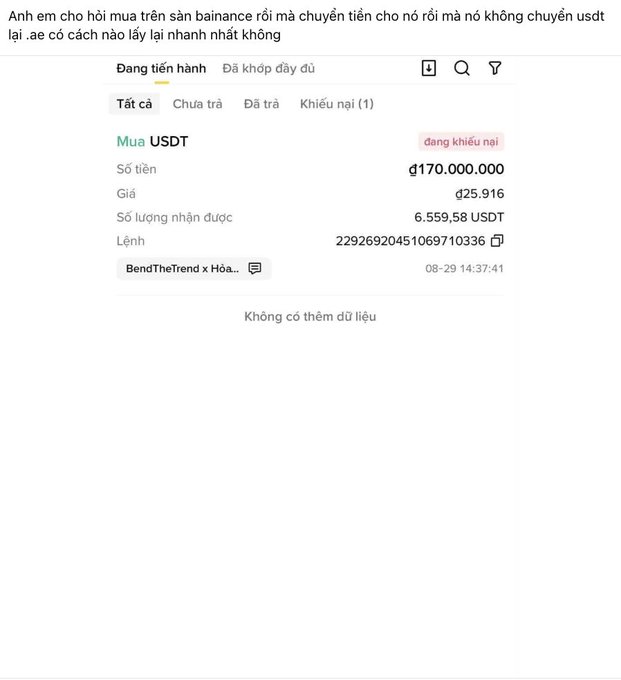 A screenshot of a Binance trading order in Vietnamese asking about buying USDT on P2P with VND but not receiving the money, showing a pending order of 170,000,000 VND at price 25,916 for 6,559.58 USDT.