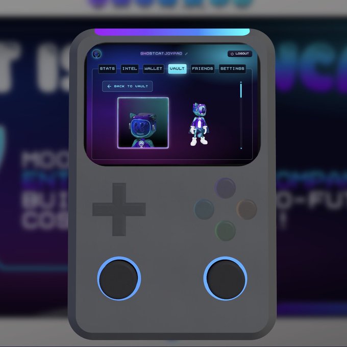 A Game Boy-style handheld device displaying a 'GHOSTCAT JOYPAD' interface with a vault showing a cat-like avatar character against a blurred retro gaming background.