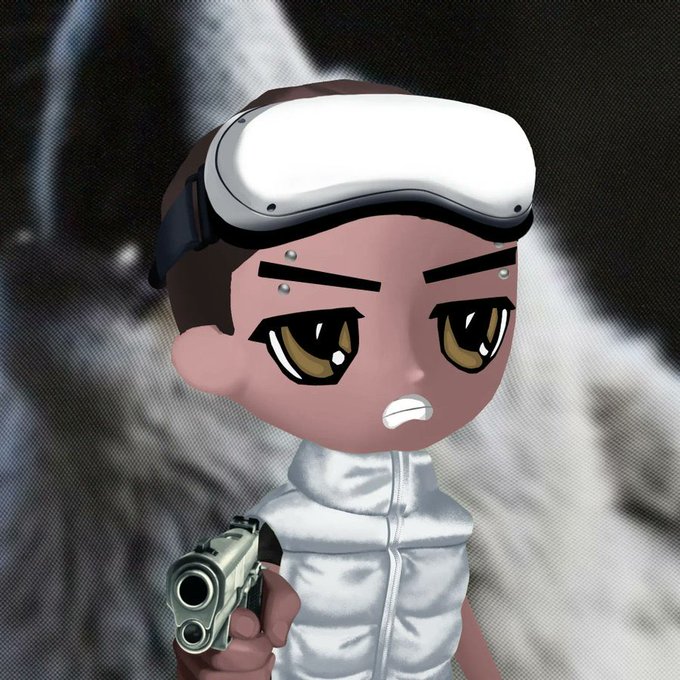 A 3D animated character with an angry expression, wearing a white cap and jacket, holding a gold handgun.