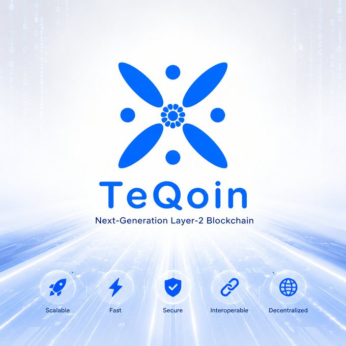 A promotional graphic for 'TeQoin,' a Next-Generation Layer-2 Blockchain, featuring a blue flower-like logo and icons highlighting its key features: Scalable, Fast, Secure, Interoperable, and Decentralized.