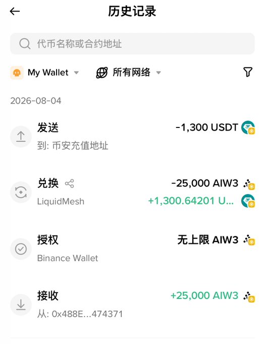 A cryptocurrency wallet transaction history in Chinese showing a sent transaction of -1,300 USDT, an exchange of -25,000 AIW3 for +1,300.64201 USDT via LiquidMesh, an authorization for unlimited AIW3 on Binance Wallet, and a received +25,000 AIW3 from address 0x488E...474371, dated 2026-08-04.