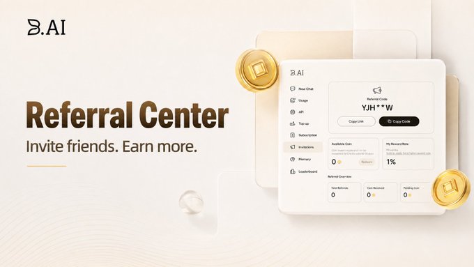 The image is a promotional banner for "B.AI Referral Center," featuring the tagline "Invite friends. Earn more." and showcasing a dashboard interface with a referral code "YJH**W," displaying 0 available coins, a 1% reward rate, and navigation options like New Chat, Usage, API, and Earnings, alongside decorative gold coin graphics. This aligns with the post by highlighting the platform's referral program where users earn rewards like the 300,000 Credits welcome bonus for inviting friends.