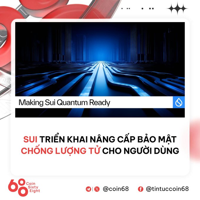 Promotional graphic from Coin68 featuring a futuristic blue circuit board image with the title "Making Sui Quantum Ready," announcing Sui's deployment of quantum-resistant security upgrades (anti-quantum) for users, with contact handles @coin68 and @tintuccoin68 displayed at the bottom.