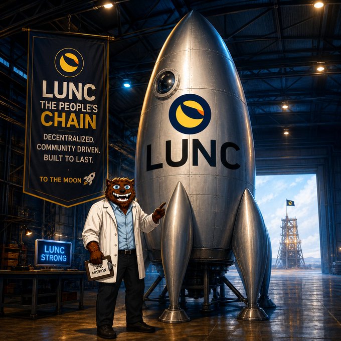 A mascot in a lab coat stands proudly beside a sleek silver rocket emblazoned with "LUNC" inside a hangar, holding a "LUNC MISSION" clipboard, while a banner reads "LUNC THE PEOPLE'S CHAIN—Decentralized, Community Driven, Built to Last—To the Moon" and a "LUNC STRONG" sign glows nearby, visually capturing the post's bullish excitement about $LUNC's upcoming launch toward the moon.
