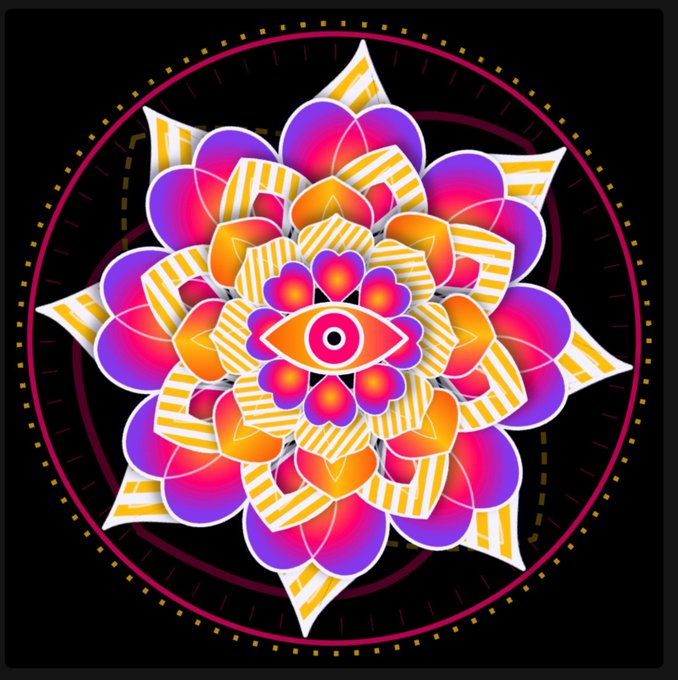 A vibrant digital mandala artwork featuring concentric geometric patterns in pink, purple, orange, and white against a black background, centered around a stylized eye motif.