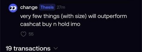 A social media post from user 'change' with a 'Thesis' badge stating 'very few things (with size) will outperform cashchat buy n hold imo' with 55 likes and 19 transactions.