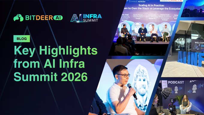 A blog header titled 'Key Highlights from AI Infra Summit 2026' by Bitdeer AI, showing photos of panelists and speakers on stage.