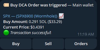 A cryptocurrency notification showing a successful buy order for 0.291 SOL ($33.29) of SPX (SPX6900 Wormhole) at a price of $0.4391, timestamped 11:19 AM.