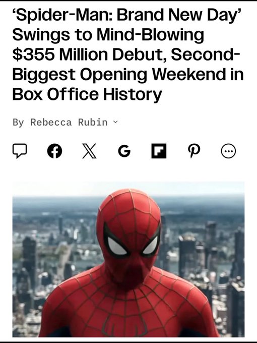 A news article headline reads 'Spider-Man: Brand New Day' Swings to Mind-Blowing $355 Million Debut, Second-Biggest Opening Weekend in Box Office History by Rebecca Rubin, featuring an image of Spider-Man in his red suit with city skyline in background.