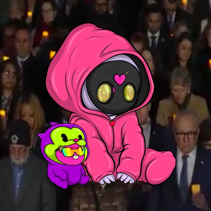 A digital illustration of a cute robotic character in a pink hoodie with a smaller purple cat-like companion, set against a crowd background holding candles.