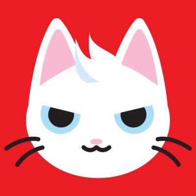 A cute cartoon white cat face with pink-lined ears, blue eyes, a small pink nose, and a smirk, set against a bright red background.