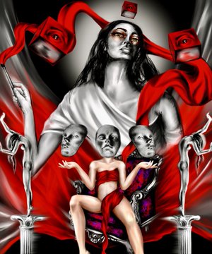 Digital artwork featuring a woman with flowing red cloth alongside gray alien-like figures in a dramatic composition.