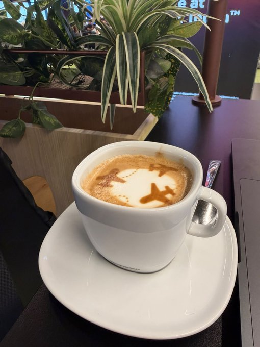 A white ceramic cup of latte art featuring an airplane design, served on a saucer with a spoon at what appears to be an airport café, with a planter of spider plants in the background.
