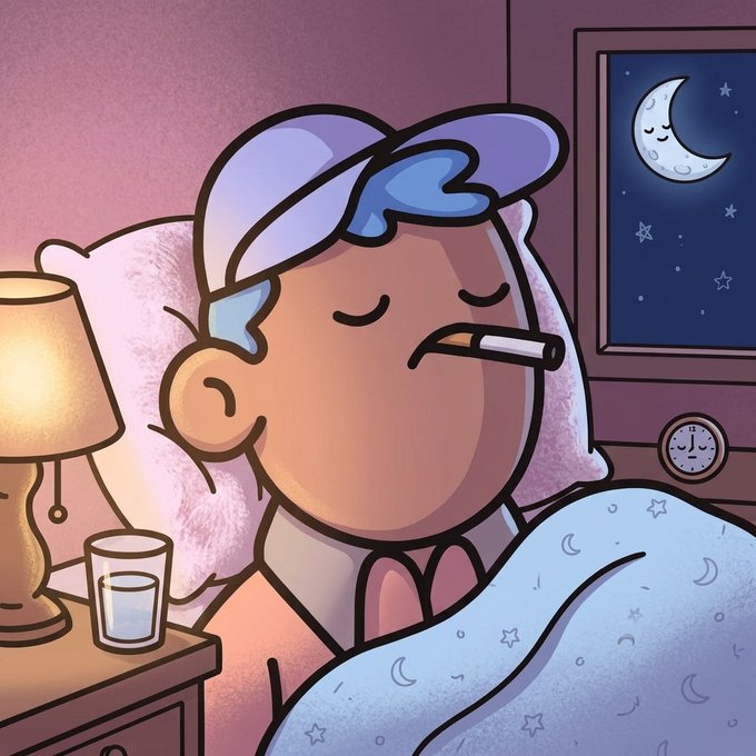 A digital illustration of a cartoon character sleeping in bed at night with a lit cigarette dangling from his mouth, wearing a nightcap, with a lamp, water glass, crescent moon window, and bedside clock visible.