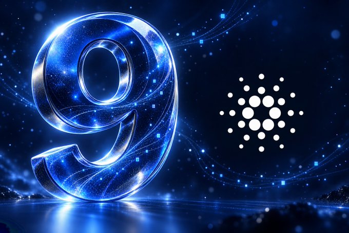 A digital graphic displaying a glowing blue number '9' alongside the Cardano (ADA) cryptocurrency logo on a starry dark blue background.