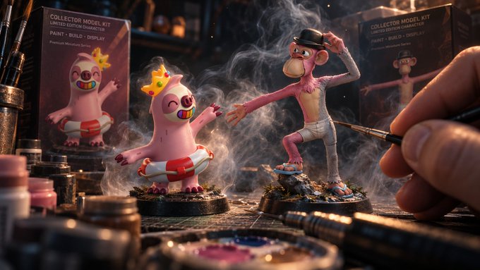 A detailed digital render of 'COLLECTOR MODEL KITS' featuring whimsical pink figures in swim rings, with a hand holding a fine paintbrush in the foreground, set in a workshop environment with paint pots and smoke.