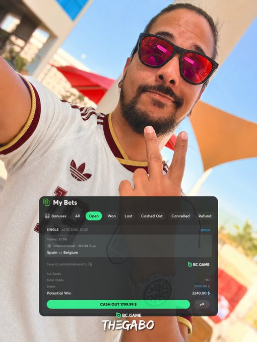 The image shows a man with a betting slip from BC.GAME for a Spain vs Belgium match, indicating a staked amount of $2000.00 with a potential win of $3240.00.