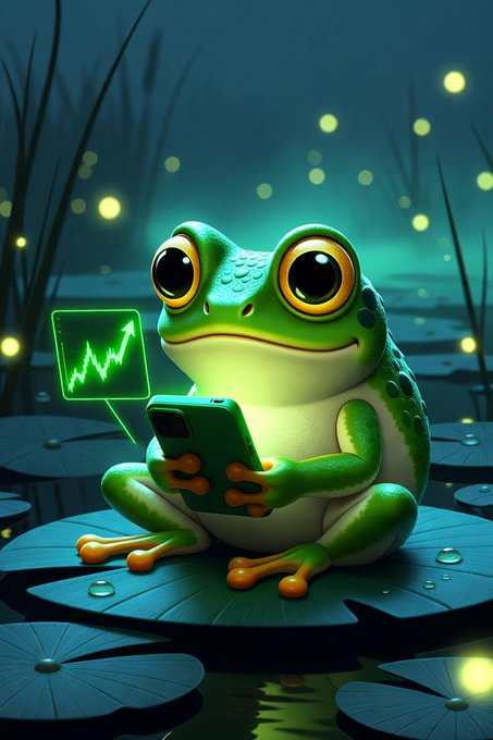 A cute, stylized 3D-rendered green frog sits on a lily pad at night, looking at a smartphone with a glowing green chart showing an upward trend displayed beside it, surrounded by fireflies.