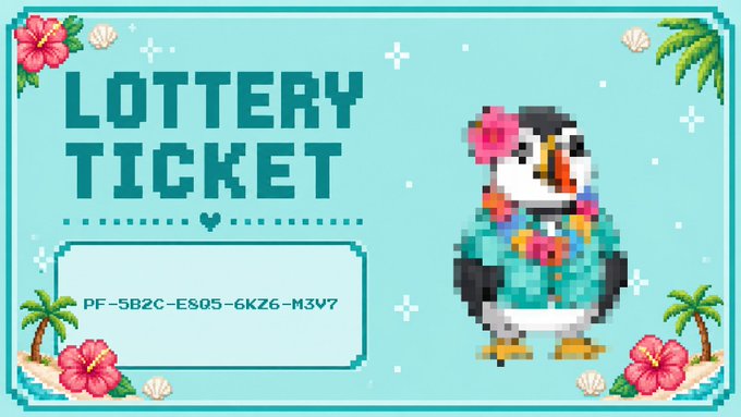A pixel-art lottery ticket design on a turquoise background, featuring a puffin wearing a Hawaiian shirt and flower lei, with code 'PF-5B2C-E805-6KZ6-M3V7'.