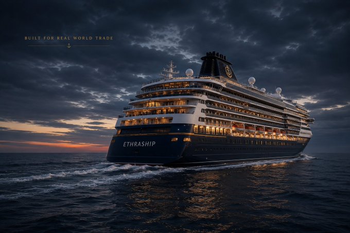 A sleek cruise ship labeled "ETHRASHIP" sails through twilight waters, with the tagline "BUILT FOR REAL WORLD TRADE" displayed in the upper left, visually reinforcing the brand's mission to merge maritime commerce with blockchain technology.