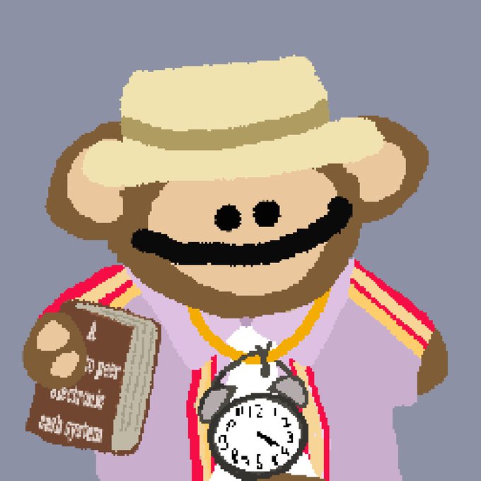 Pixel art of a brown monkey or ape character wearing a tan straw hat, holding a book titled 'A paper adventure card system' and a large pocket watch against a purple shirt.