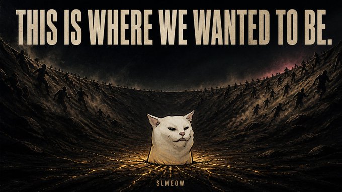 A lone white cat (the "$LMEOW" meme mascot) sits unflinching in the center of a desolate crater as silhouetted figures retreat up the rim, beneath the bold caption "THIS IS WHERE WE WANTED TO BE." The imagery perfectly matches the post's thesis—everyone who needed reassurance has been shaken out, leaving only the most stubborn contrarians at the bottom, which is exactly the position the post celebrates as ideal.