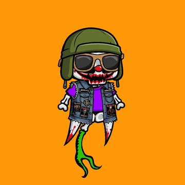 Digital illustration of a chibi-style zombie character wearing a green helmet, sunglasses, and denim vest, with a red bloody mouth and a small green sprout emerging from its bottom, set against an orange background.