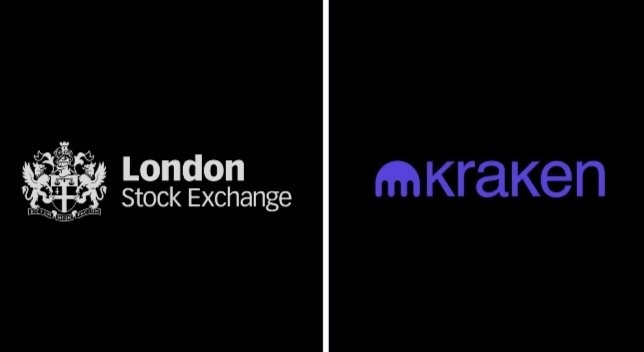 A split black background displays the white London Stock Exchange crest and text on the left, and the purple Kraken logo on the right.