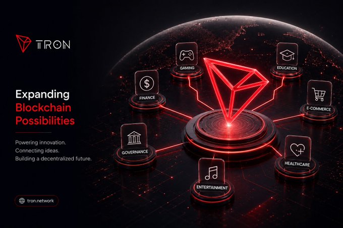 A promotional graphic for TRON blockchain features a red glowing logo and icons representing Gaming, Education, Finance, E-Commerce, Governance, Healthcare, and Entertainment, with the tagline 'Expanding Blockchain Possibilities.'