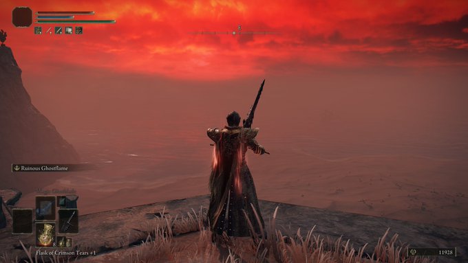 A video game screenshot showing a character from behind holding a sword, looking out over a reddish, hazy landscape with game UI elements including 'Rancorous Ghostflame' and 'Flask of Crimson Tears +1'.
