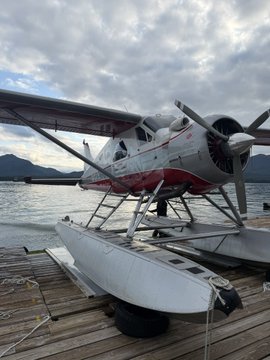 A small white and red floatplane is docked at a wooden pier on a calm lake, with forested mountains visible in the background under a cloudy sky.