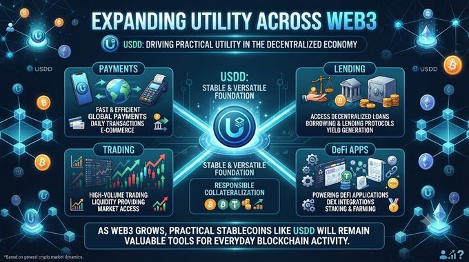 An infographic titled 'EXPANDING UTILITY ACROSS WEB3' highlighting USDD's role in payments, lending, trading, and DeFi apps within the decentralized economy.